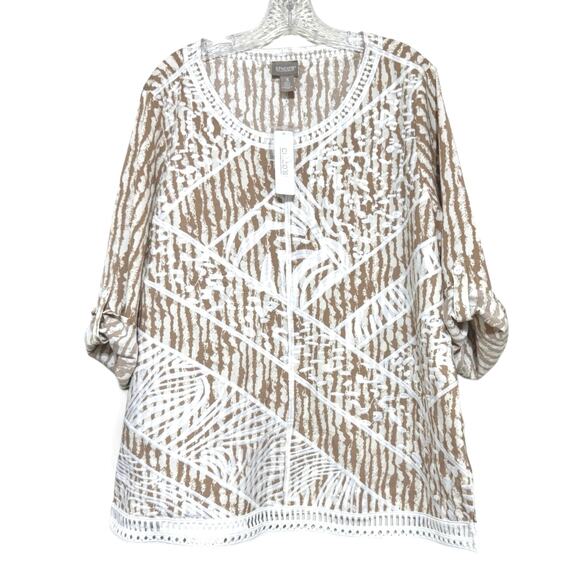 Chico’s Women’s 3 Highland Park Animal Print Embroidered 3/4 Sleeve Popover Top - Picture 1 of 11